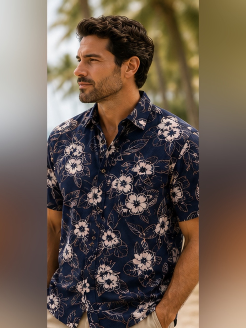 EIGHTHAVENUE Hawaiian Floral Button Down Shirt Men's Large Navy Blue Aloha